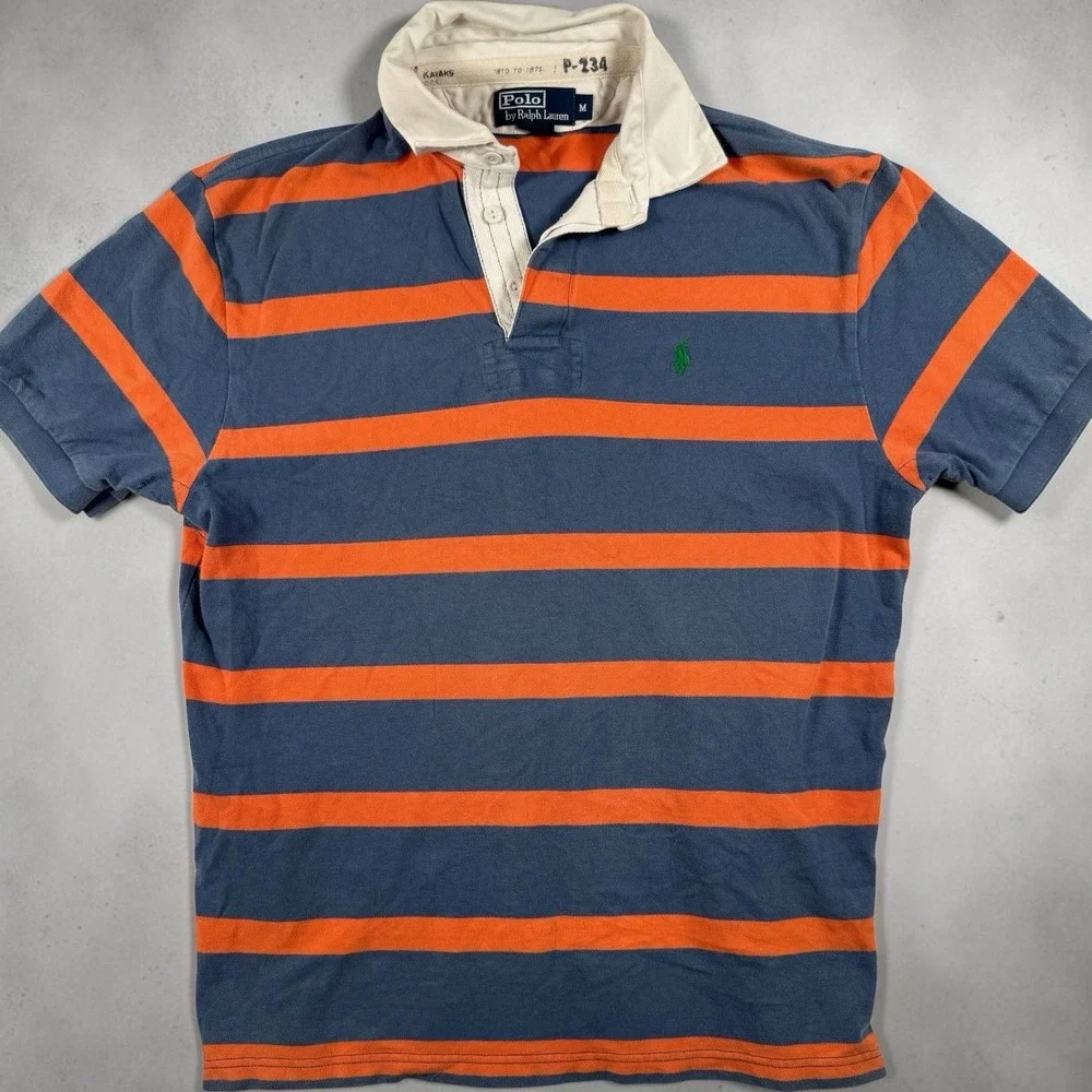 Polo Ralph Lauren Mens Rugby Polo Shirt M Blue Orange Striped Green Pony Cotton